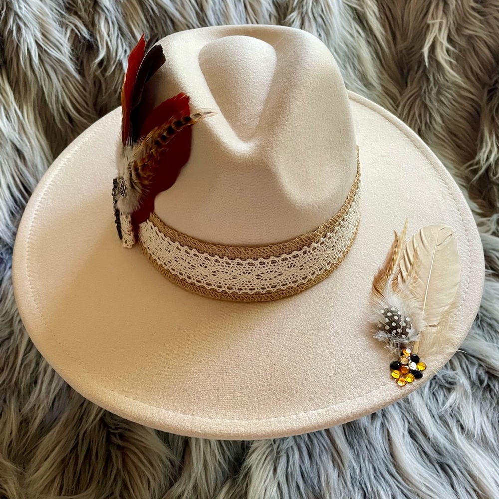 Cream and Red Western Style Hat with Wide Brim and Pinched Crown